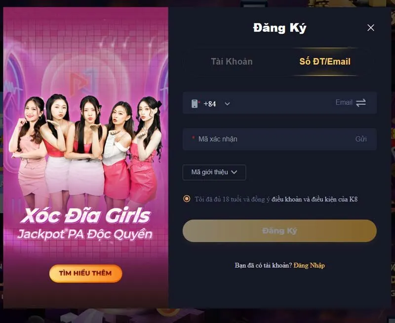 Giao diện tạo tài khoản liên kết thẳng đến số điện thoại và email