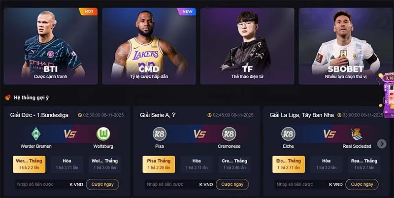 Tổng quan sảnh cược thể thao tại nhà cái K8Bet